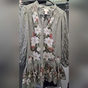 Zara Olive Floral Blouse with Ruffle Detail